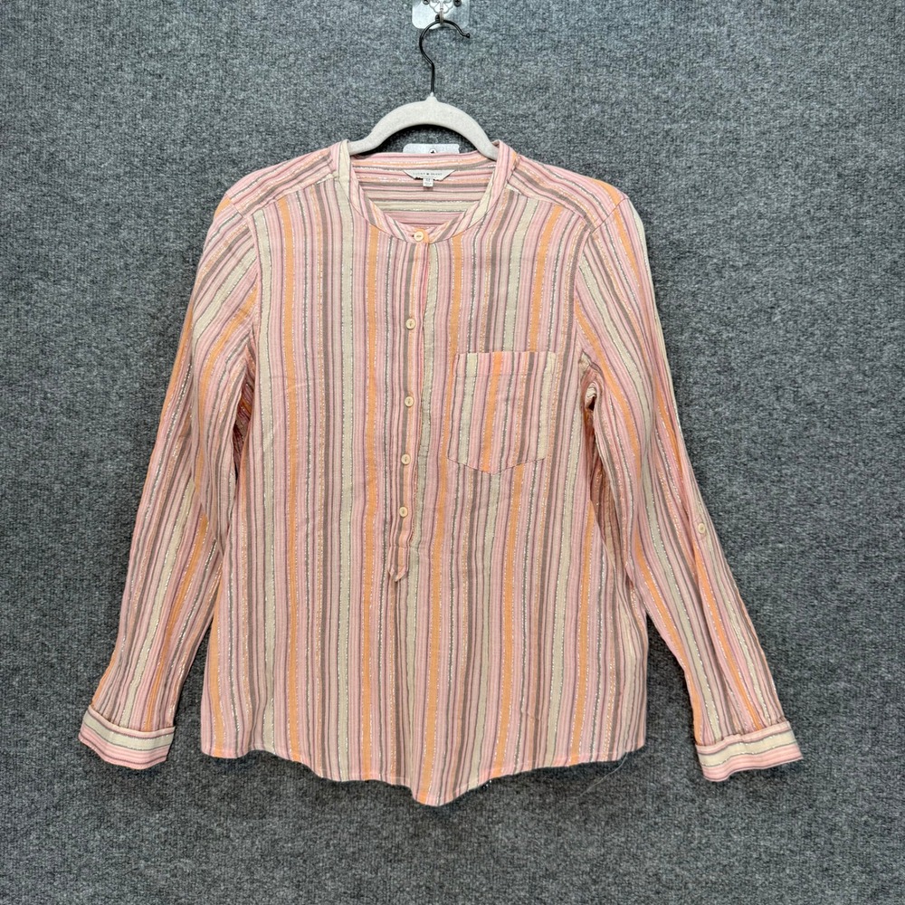 Lucky Brand Blouse Womens Medium‎ Pink Striped Metallic Lurex Boho Button Front